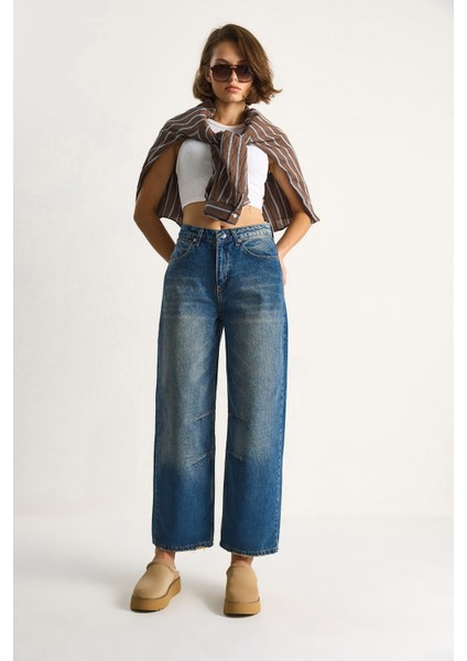Kadın Baggy Fit Yüksek Bel Düz Paça Denim Pantolon fiyatları