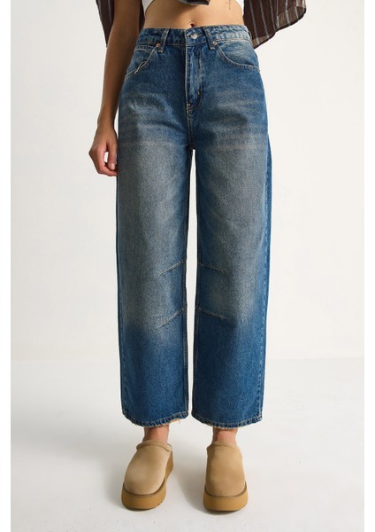 Kadın Baggy Fit Yüksek Bel Düz Paça Denim Pantolon indirimleri