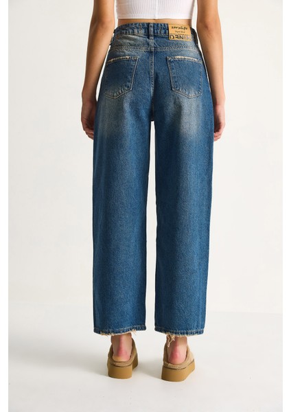 Kadın Baggy Fit Yüksek Bel Düz Paça Denim Pantolon