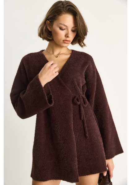 Kadın Kruvaze Kapama Yandan Bağlamalı Yumuşak Dokulu Triko Kimona