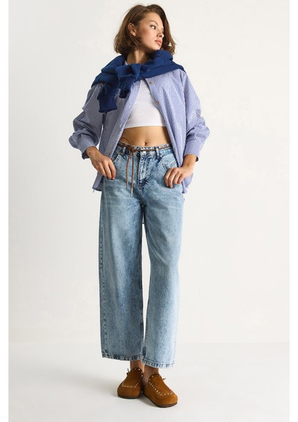 Kadın Geniş Paça Yüksek Bel Deri Ip Kemerli Denim Pantolon