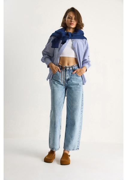 Kadın Geniş Paça Yüksek Bel Deri Ip Kemerli Denim Pantolon modelleri