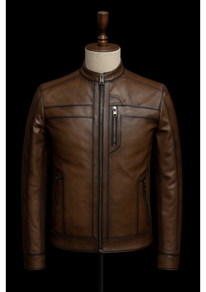 Hakiki Deri Kahverengi Erkek Fermuarlı Klasik Ceket