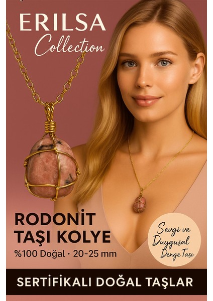 Sertifikalı Tel Sargılı Gold Renkli Doğal Rodonit Taşı Kolye – Sevgi ve Duygusal Denge Taşı