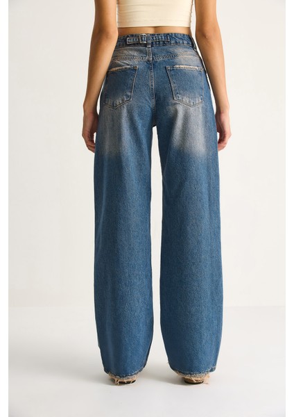 Kadın Yüksek Bel Soluk Efektli Bol Kesim Denim Pantolon