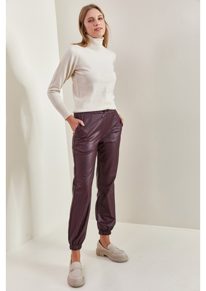 Kadın Bel ve Paça Lastikli Deri Pantolon fiyatları
