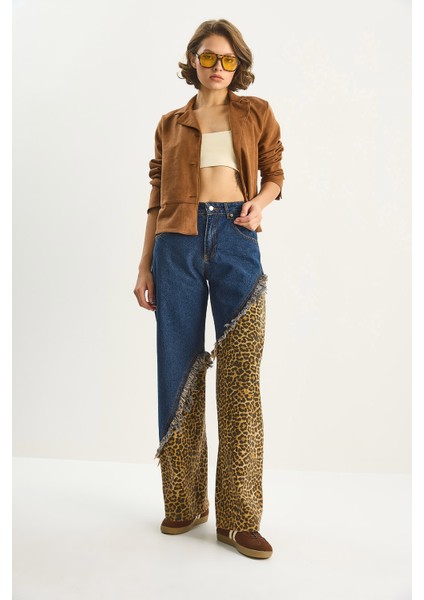 Kadın Asimetrik Leopar Detaylı Wide Leg Denim Pantolon fiyatları