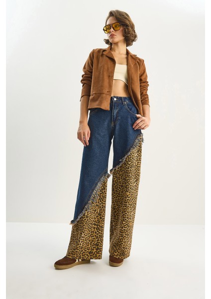 Kadın Asimetrik Leopar Detaylı Wide Leg Denim Pantolon modelleri