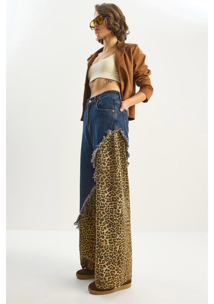 Kadın Asimetrik Leopar Detaylı Wide Leg Denim Pantolon indirimleri