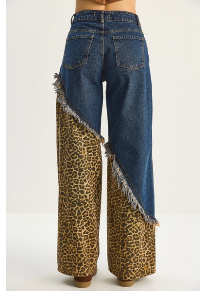 Kadın Asimetrik Leopar Detaylı Wide Leg Denim Pantolon
