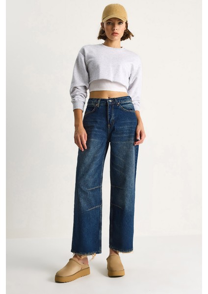 Kadın Baggy Fit Yüksek Bel Düz Paça Denim Pantolon
