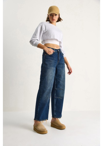Kadın Baggy Fit Yüksek Bel Düz Paça Denim Pantolon fırsatları