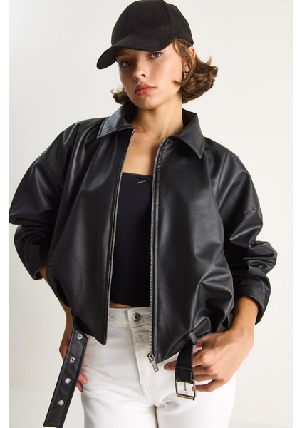 Kadın Oversize Tokalı Deri Ceket indirimleri