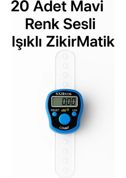 20 Adet Mavi Renkli Sesli Işıklı Dijital Zikirmatik – Yüzük Tesbih Sayaç – 100’DE Alarm Özellikli