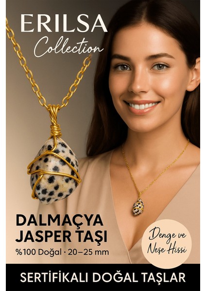 Sertifikalı Gold Renkli Doğal Tel Sargılı Dalmaçya Jasper Taşı Kolye – Denge ve Neşe Taşı