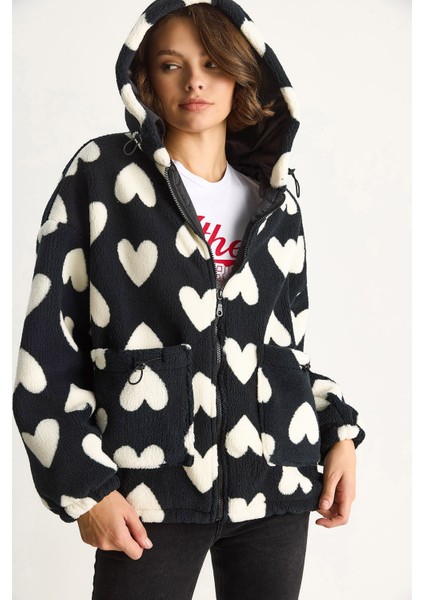 Kadın Kalpli Kapüşonlu Oversize Peluş Mont Rı