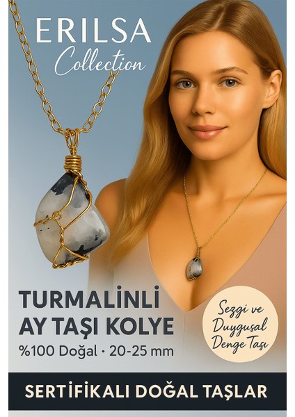 Sertifikalı Gold Renkli Turmalinli Ay Taşı Kolye – Sezgi ve Duygusal Denge Taşı