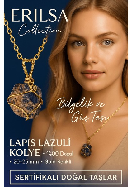 Sertifikalı Gold Renkli Ham Lapis Lazuli Doğal Taş Kolye – Bilgelik ve Güç Taşı