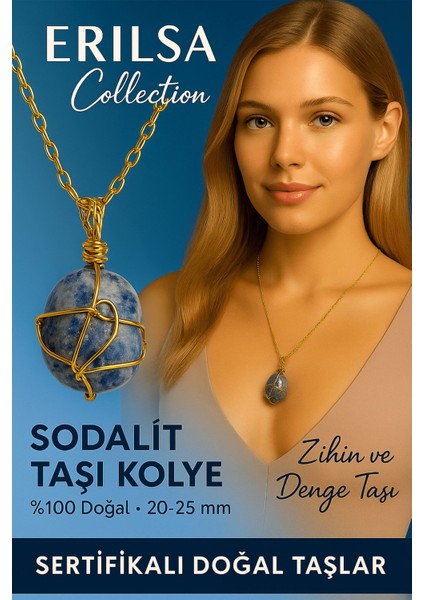 Sertifikalı Gold Renkli Doğal Sodalit Taşı Kolye – Zihin ve Denge Taşı