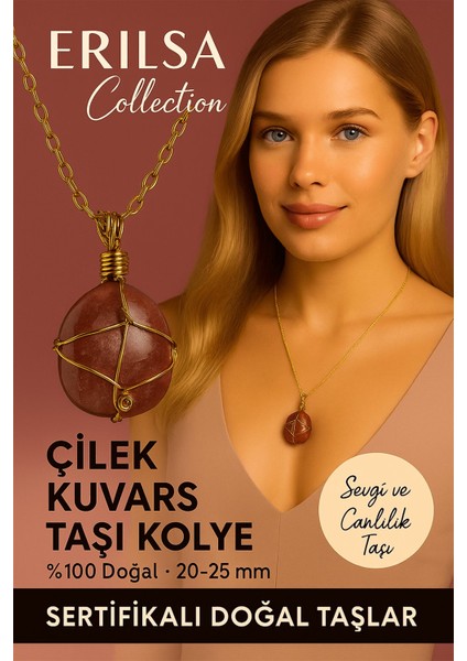 Sertifikalı Doğal Gold Renkli Tel Sargılı Çilek Kuvars Taşı Kolye – Sevgi ve Canlılık Taşı