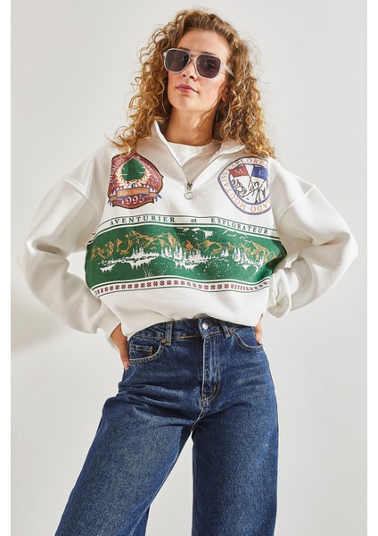 Kadın Baskılı Üç Iplik Oversize Sweatshirt
