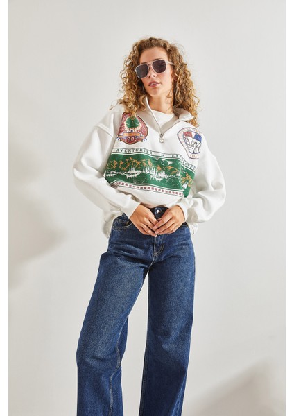 Kadın Baskılı Üç Iplik Oversize Sweatshirt indirimleri