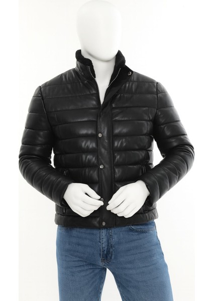 Hakiki Deri Siyah Erkek Şişme Mont – Kürk Yakalı Fermuarlı Model