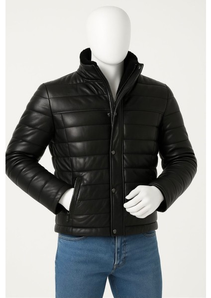 Hakiki Deri Siyah Erkek Şişme Mont – Kürk Yakalı Fermuarlı Model fiyatları