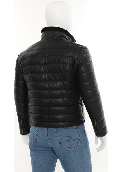 Hakiki Deri Siyah Erkek Şişme Mont – Kürk Yakalı Fermuarlı Model modelleri