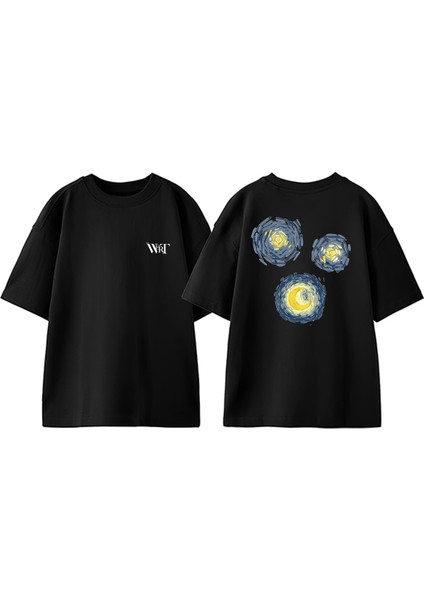 Van Gogh 6 Tasarım Sırt Baskılı Pamuk Siyah Oversize T-Shirt