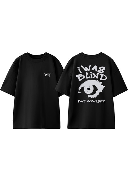 I Was Blind Tasarım Sırt Baskılı Pamuk Siyah Oversize T-Shirt