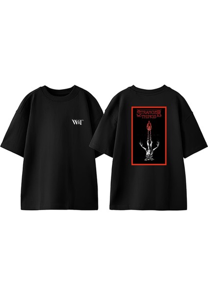 Stranger Things Yansıma Tasarım Sırt Baskılı Pamuk Siyah Oversize T-Shirt