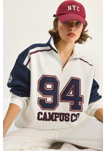 Kadın Dik Yaka Fermuarlı Renk Bloklu Oversize Sweatshirt