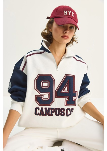 Kadın Dik Yaka Fermuarlı Renk Bloklu Oversize Sweatshirt modelleri