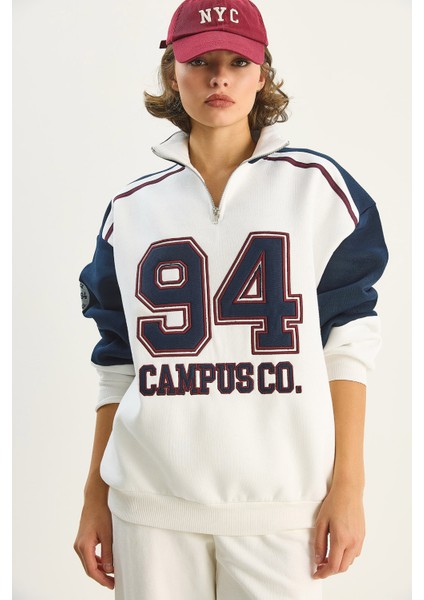 Kadın Dik Yaka Fermuarlı Renk Bloklu Oversize Sweatshirt indirimleri