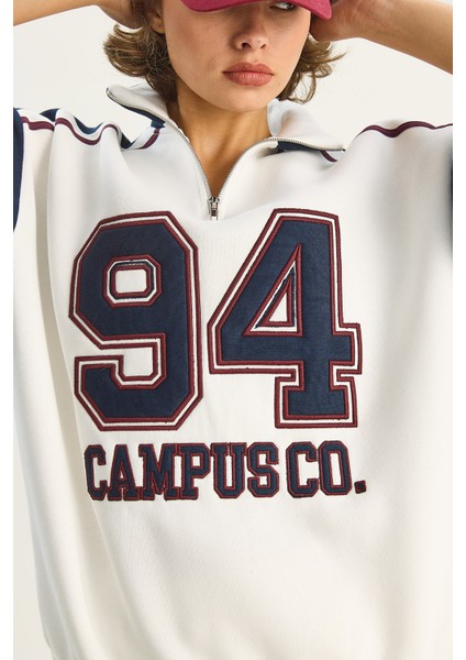 Kadın Dik Yaka Fermuarlı Renk Bloklu Oversize Sweatshirt