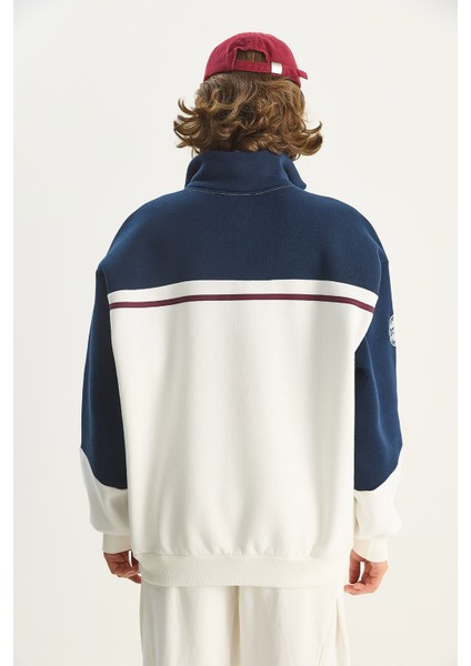 Kadın Dik Yaka Fermuarlı Renk Bloklu Oversize Sweatshirt
