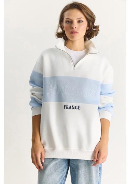 Kadın Yarım Fermuarlı Nakış Detaylı Renk Bloklu Oversize Sweatshirt fiyatları