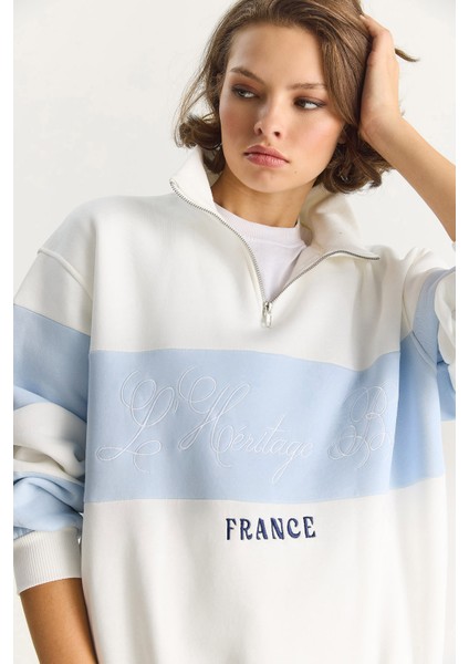 Kadın Yarım Fermuarlı Nakış Detaylı Renk Bloklu Oversize Sweatshirt modelleri
