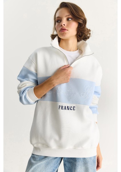 Kadın Yarım Fermuarlı Nakış Detaylı Renk Bloklu Oversize Sweatshirt fırsatları