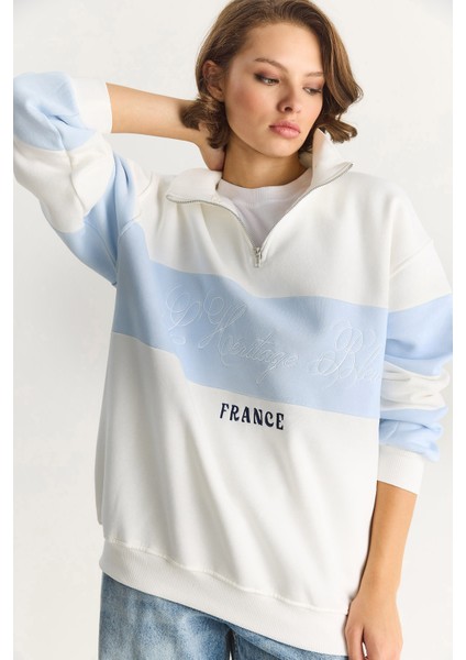 Kadın Yarım Fermuarlı Nakış Detaylı Renk Bloklu Oversize Sweatshirt indirimleri