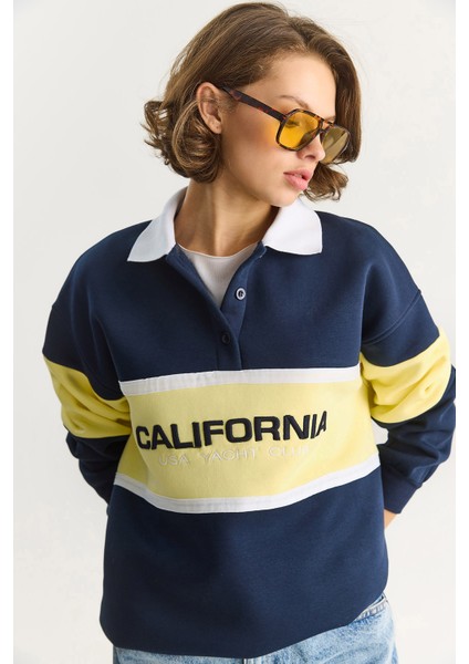 Kadın Polo Yaka Düğmeli California Yazılı Nakış Detaylı Oversize Kadın Sweatshirt indirimleri