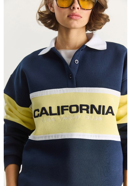 Kadın Polo Yaka Düğmeli California Yazılı Nakış Detaylı Oversize Kadın Sweatshirt