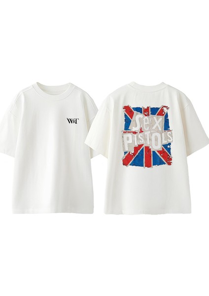 Pistols Tasarım Sırt Baskılı Pamuk Beyaz Oversize T-Shirt