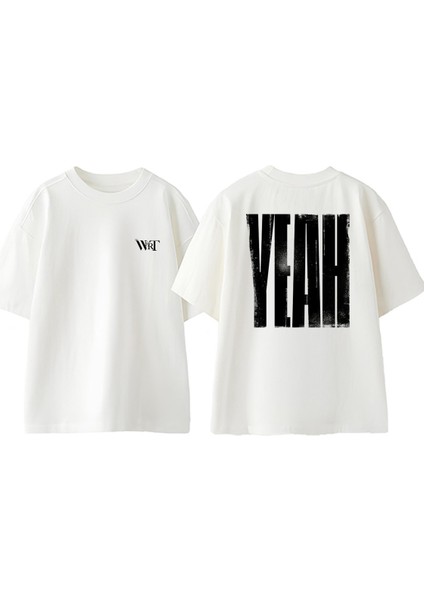 Yeah Tasarım Sırt Baskılı Pamuk Beyaz Oversize T-Shirt