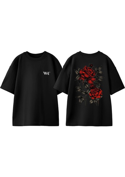 Red Roses Tasarım Sırt Baskılı Pamuk Siyah Oversize T-Shirt