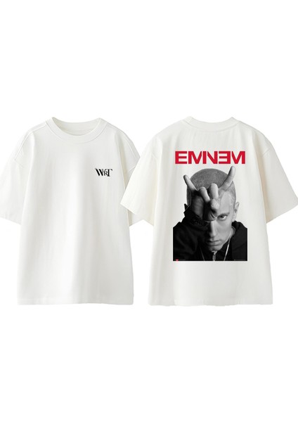 Eminem 4 Tasarım Sırt Baskılı Pamuk Beyaz Oversize T-Shirt