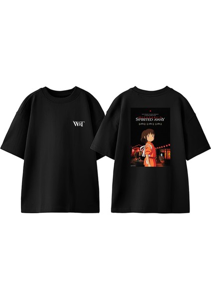 Spirited Away Movie Tasarım Sırt Baskılı Pamuk Siyah Oversize T-Shirt