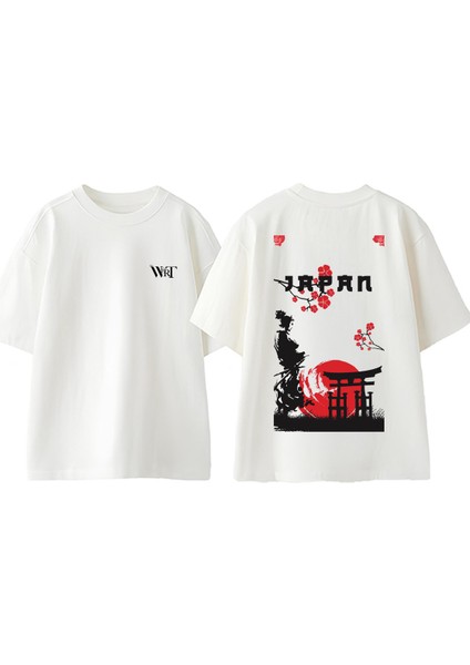 Japanese 4 Tasarım Sırt Baskılı Pamuk Beyaz Oversize T-Shirt