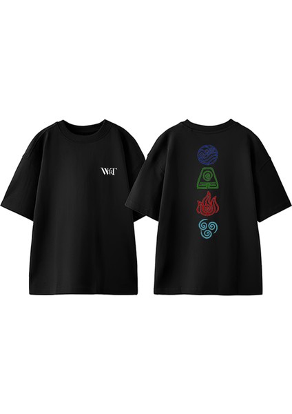 Avatar Semboller Tasarım Sırt Baskılı Pamuk Siyah Oversize T-Shirt